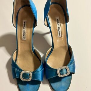 Manolo Blahnik Turquoise Satin Heels with Crystal Buckle